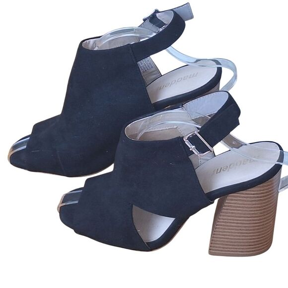Madden NYC Chunky Stacked Heel Sandal Slingback Black Micro Suede 5" size 10M - Picture 5 of 16